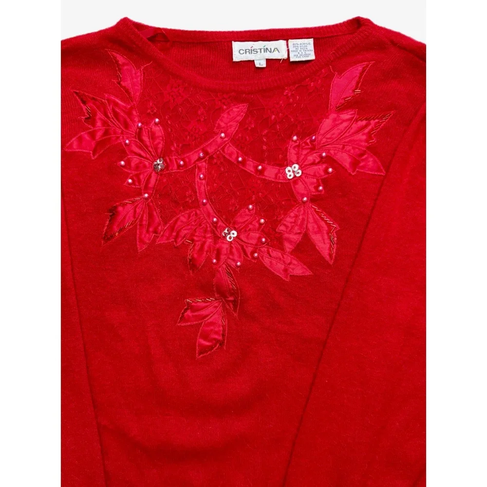 Cristina‎ Women's Red Beaded Sequin Holiday Crew Neck Sweater Size Large Vintage